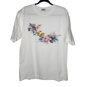 Vintage 80s Birds Flowers Floral Animal Graphic T-Shirt in White Size XL